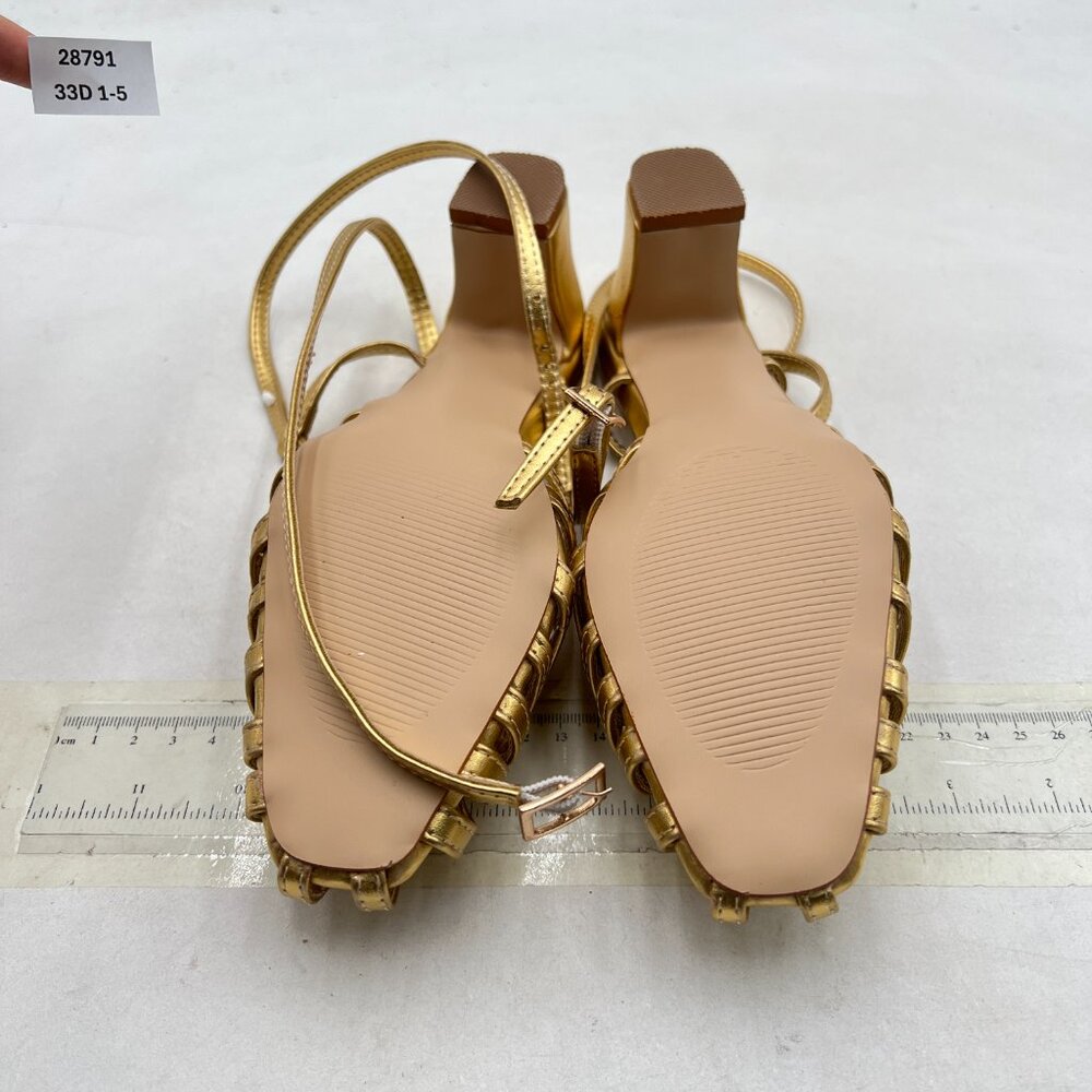 miss left Gold Caged Toe Chunky Mid Heel Cutout Sandals Strappy Ankle Strap Shoe - Picture 7 of 8